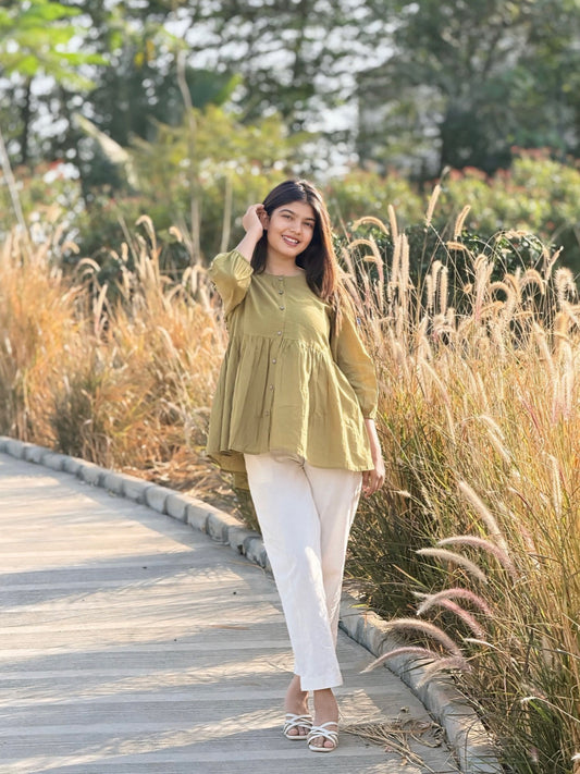 AURA Dusty Olive Solid Cotton Short Top