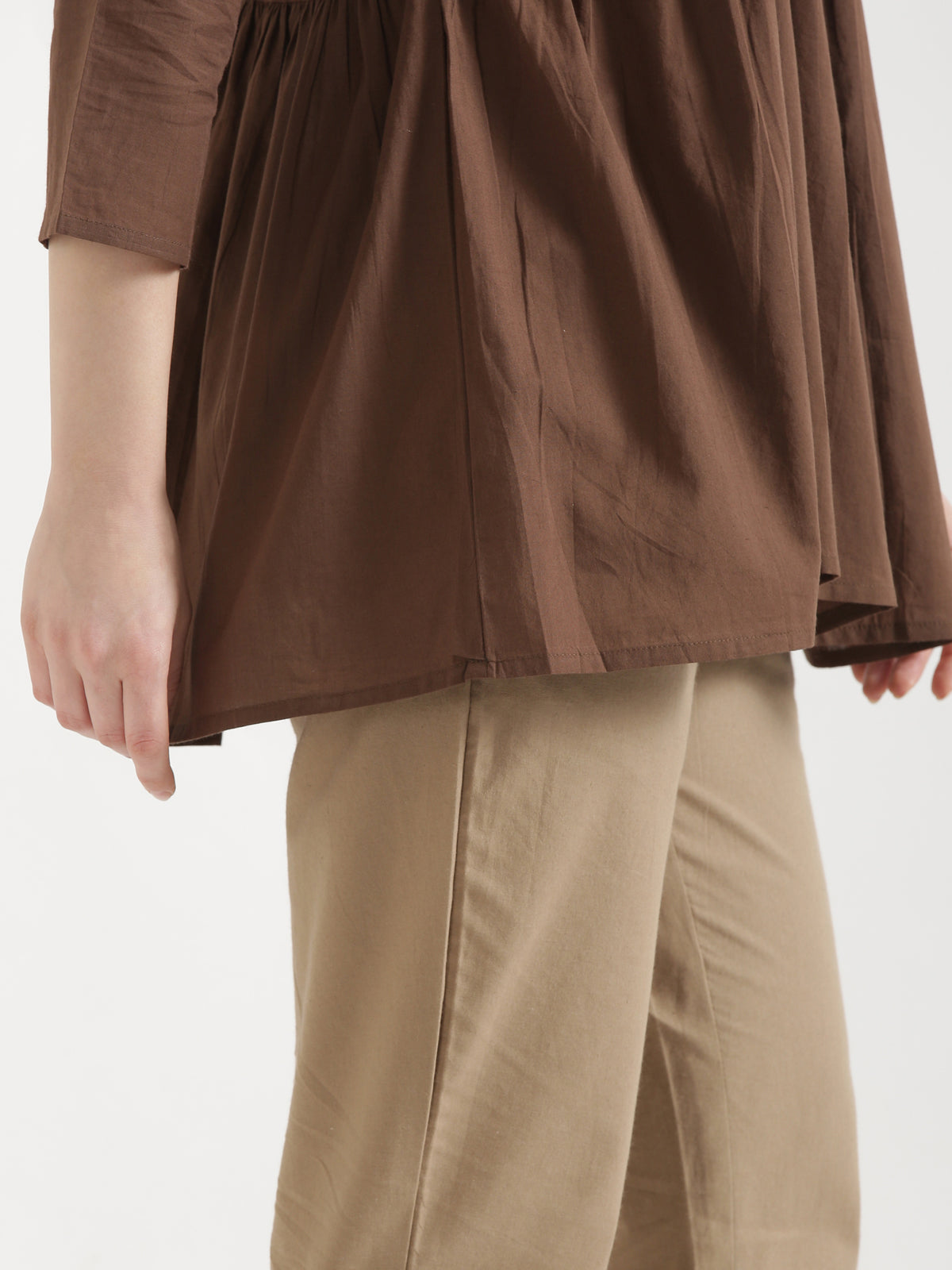 AARVI Mocha Brown Embroidered Cotton Short Top