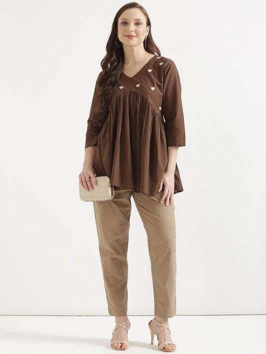 AARVI Mocha Brown Embroidered Cotton Short Top
