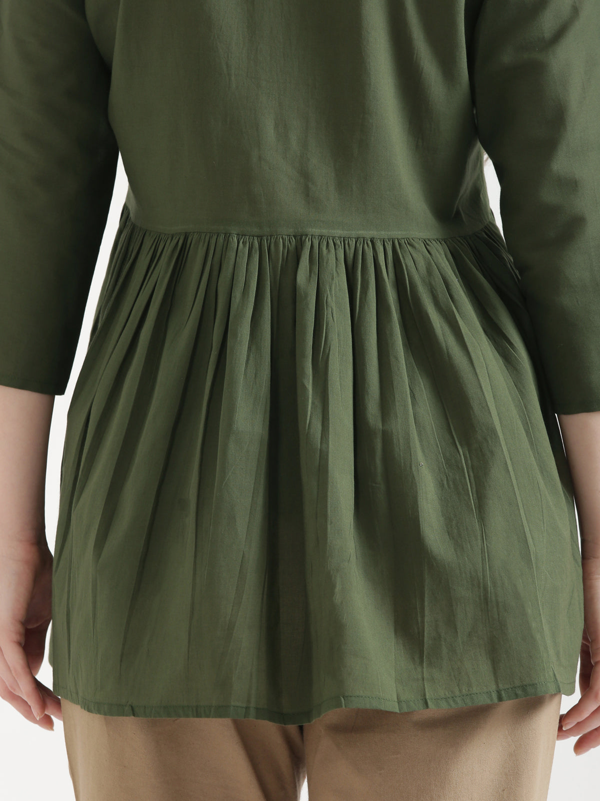 AARVI Olive Green Embroidered Cotton Short Top