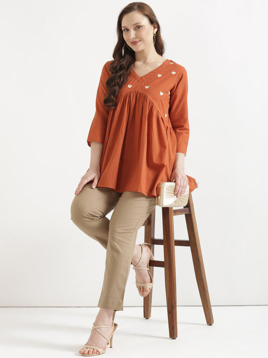 AARVI Rust Embroidered Cotton Short Top