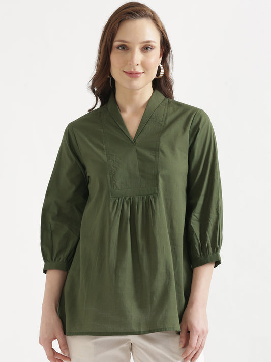 AIRA Olive Green V-Neck Cotton Short Top