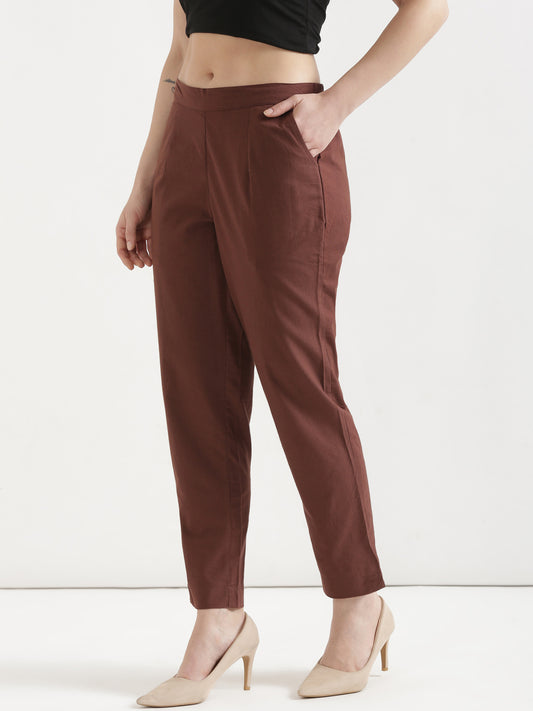 Women Coffee Brown Cotton Pant
