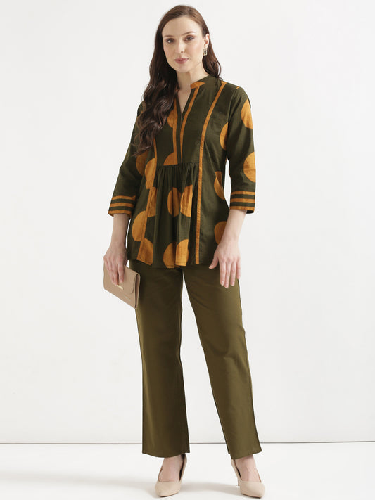 ELARA Olive Green Printed Cotton Short Top