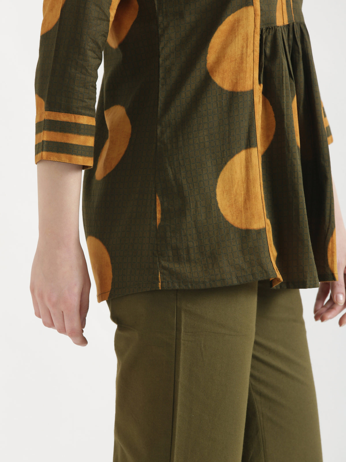 ELARA Olive Green Printed Cotton Short Top