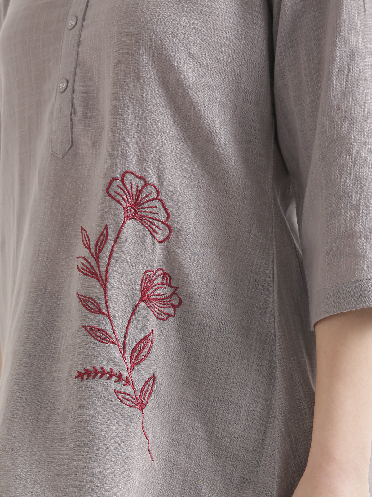 ELIO Cement Grey Embroidered Cotton Short Top