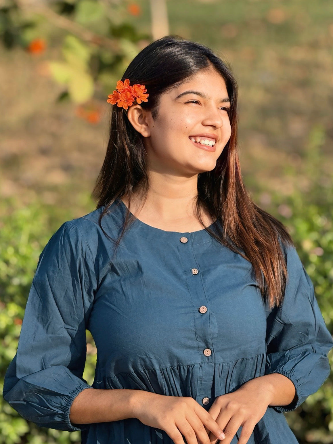 AURA Midnight Teal Solid Cotton Short Top