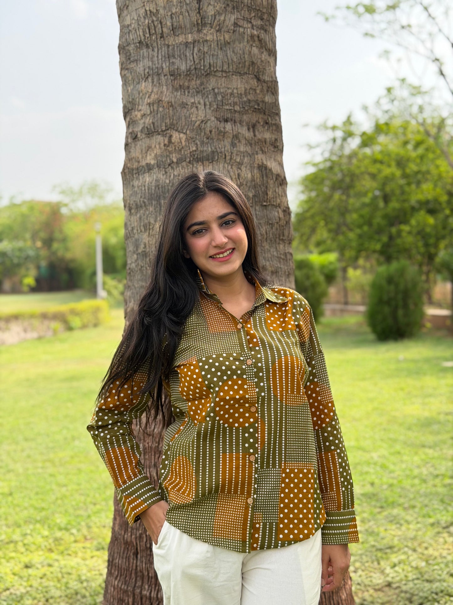 VERA Olive Green Handblock Cotton Shirt