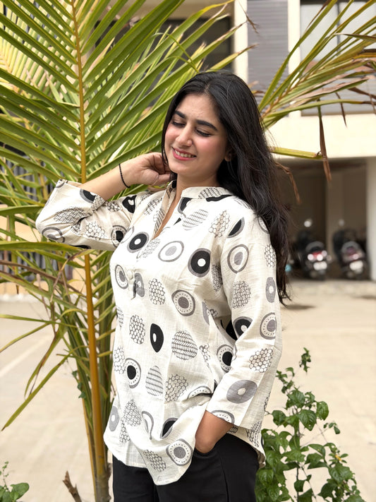 NYRA Black White Printed Cotton Short Top