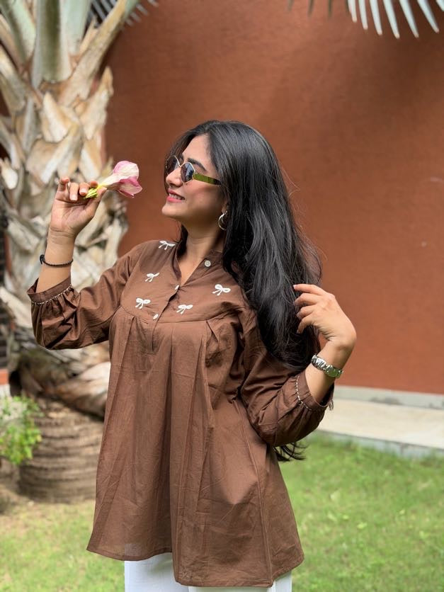 AVIRA Mocha Brown Dori Work Cotton Short Top