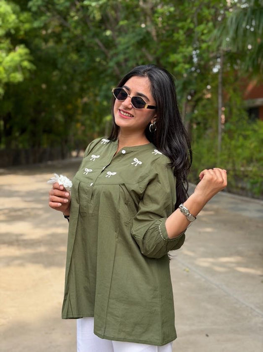AVIRA Green Dori Work Cotton Short Top