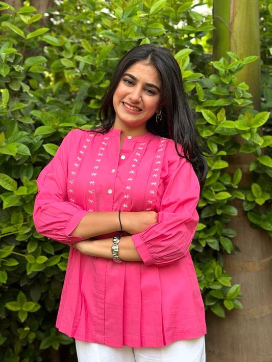 LIVAE Baby Pink Handwork Cotton Short Top