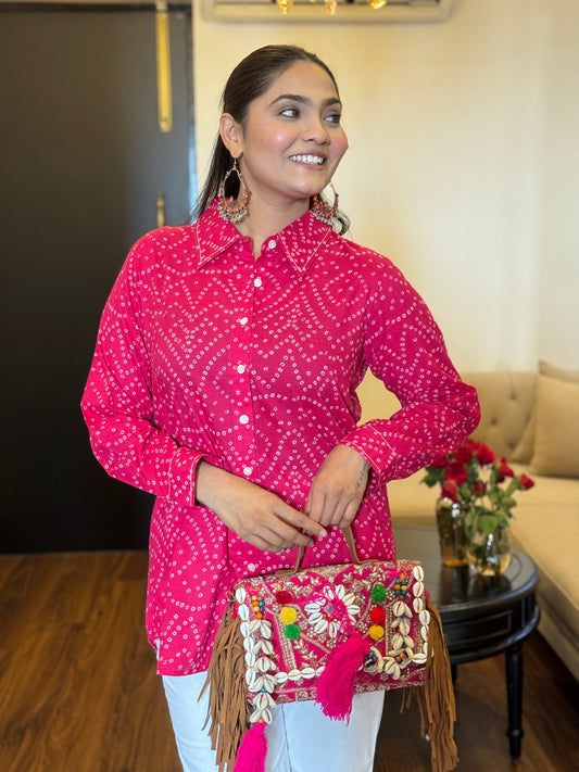 RIVA Rose Pink Bandhani Cotton Shirt