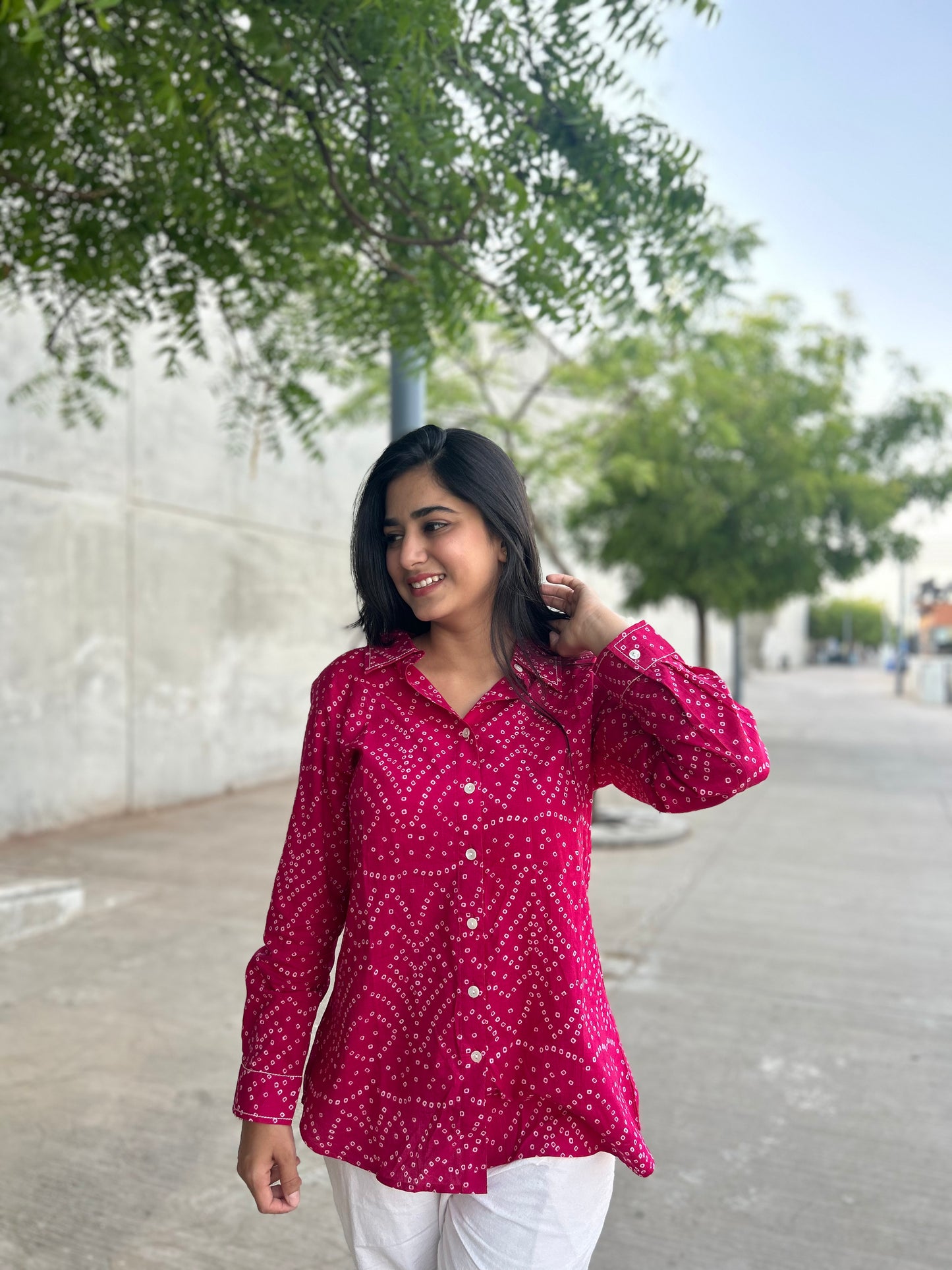 RIVA Rose Pink Bandhani Cotton Shirt