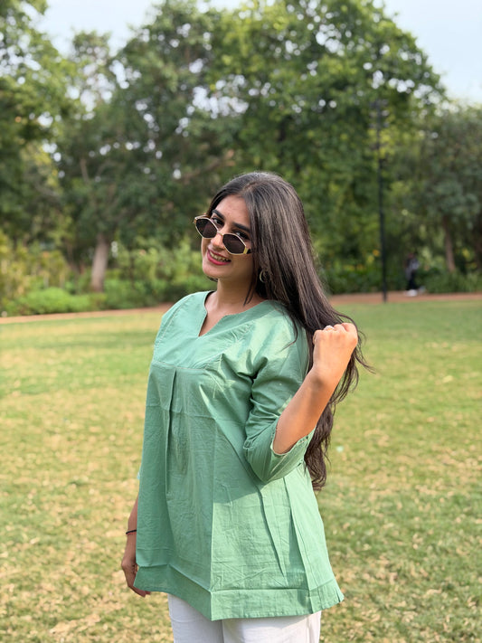 ZIVA Mint Green V-neck Hand work Cotton Short Top