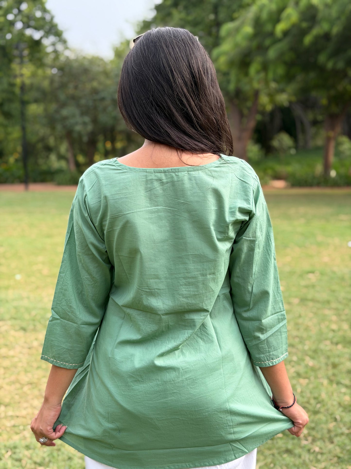 ZIVA Mint Green V-neck Hand work Cotton Short Top