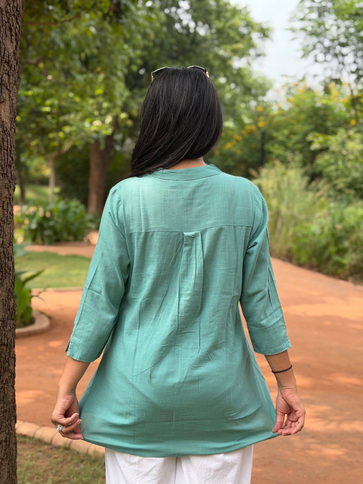 ELINA Dusty Teal Embroidered Cotton Short Top