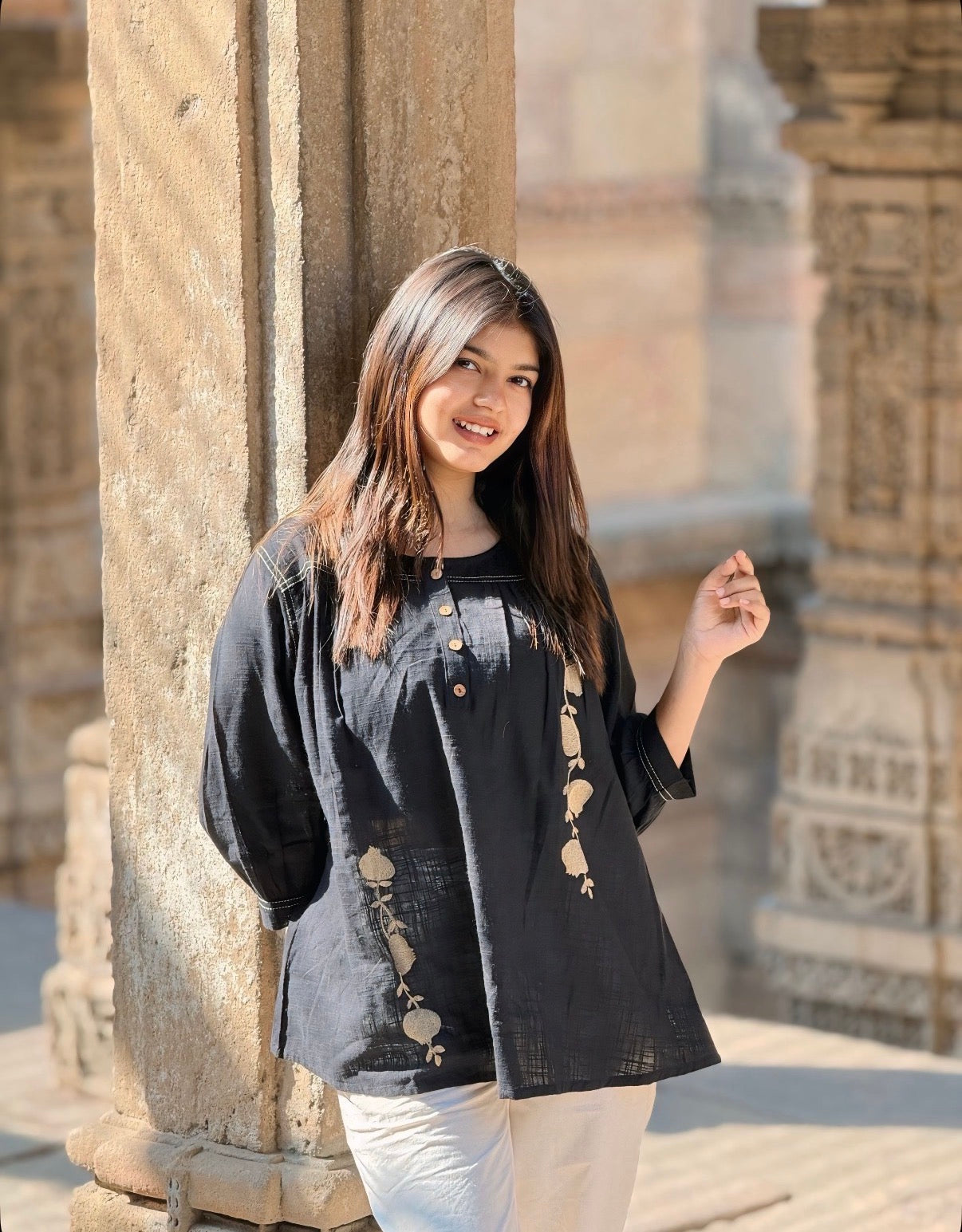 ANORA Black Hand Detail Cotton Short Top