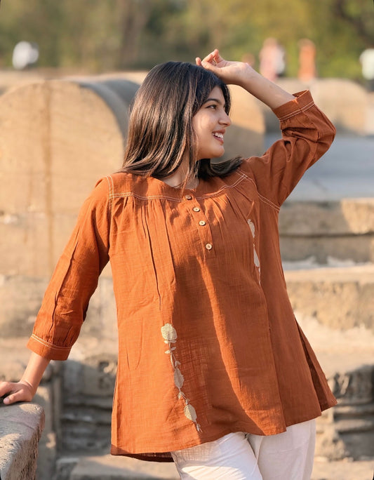 ANORA Rust Hand Detail Cotton Top
