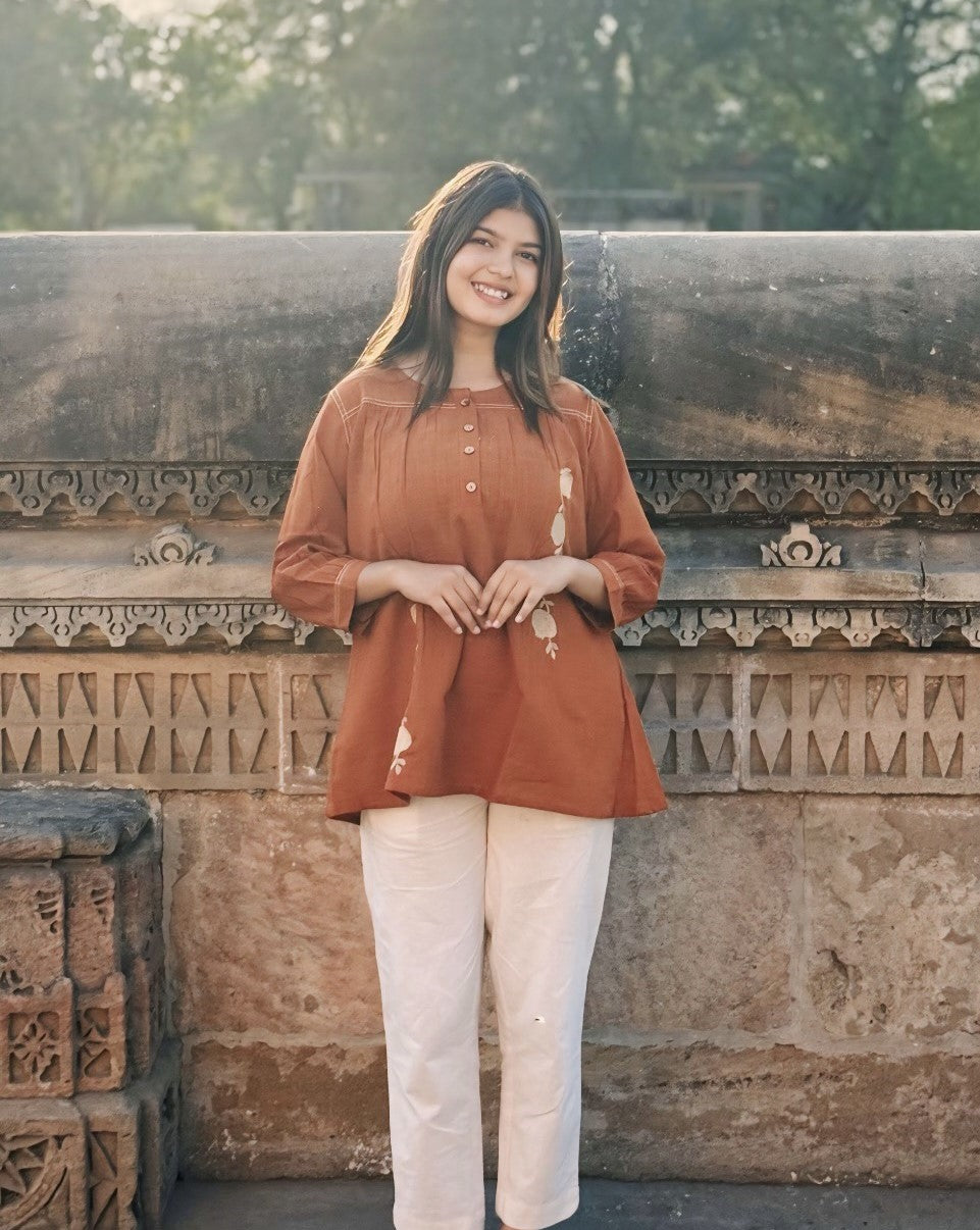 ANORA Rust Hand Detail Cotton Top