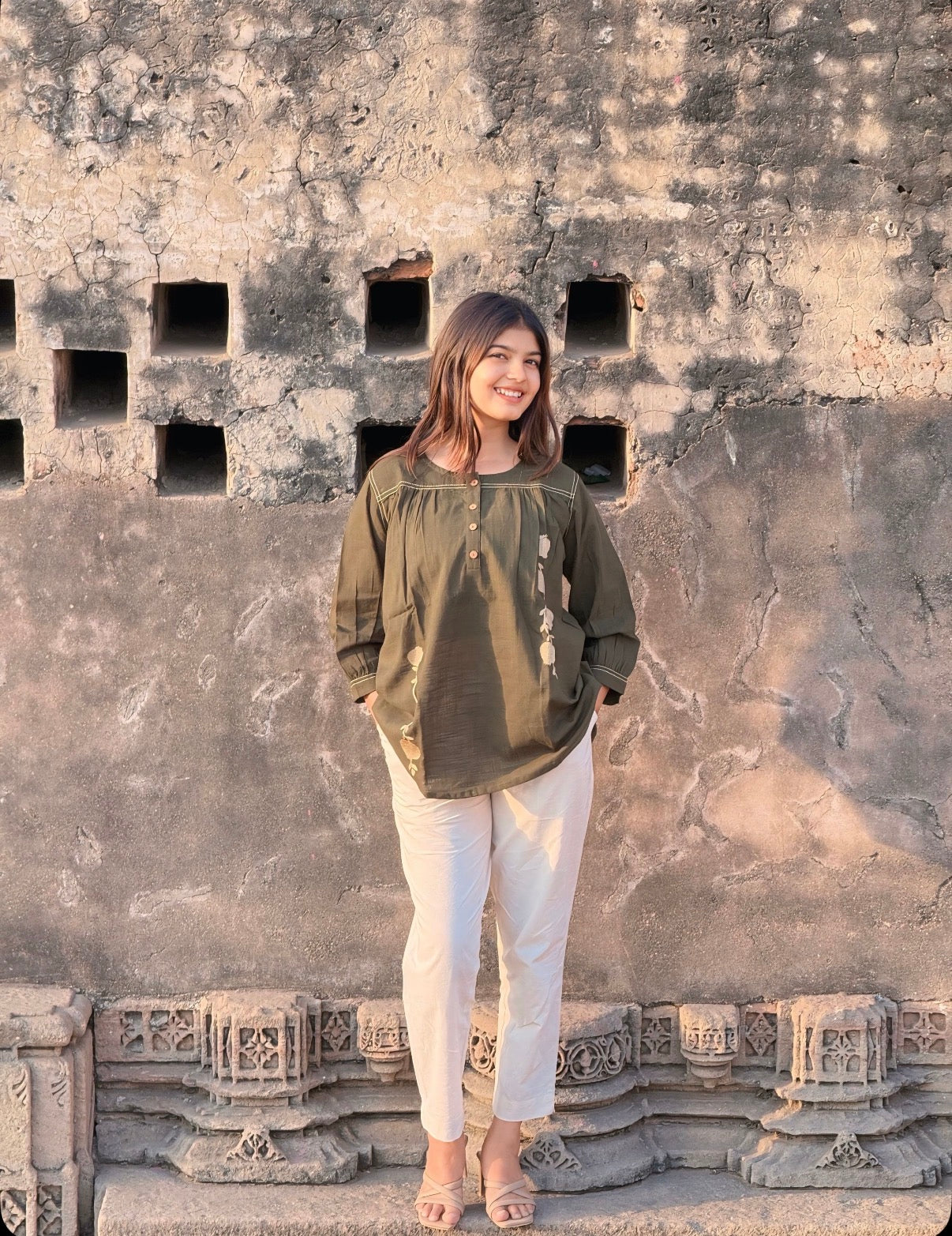 ANORA Army Green Hand Detail Cotton Top