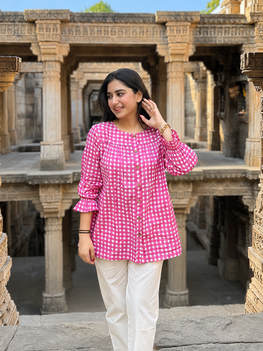 MIRA Rose Pink Checks Top