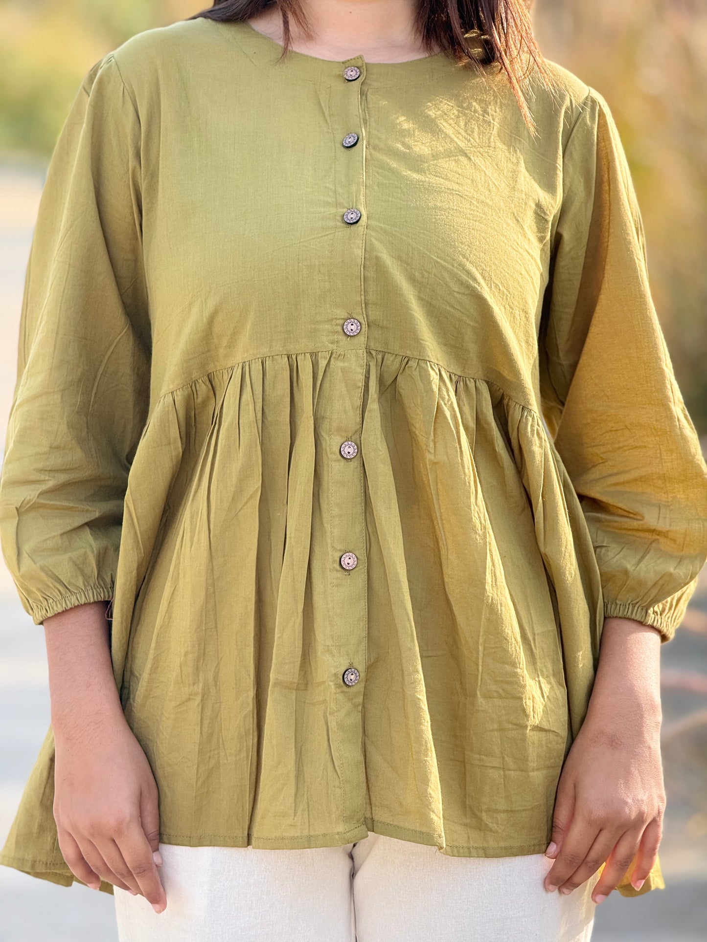 AURA Dusty Olive Solid Cotton Short Top