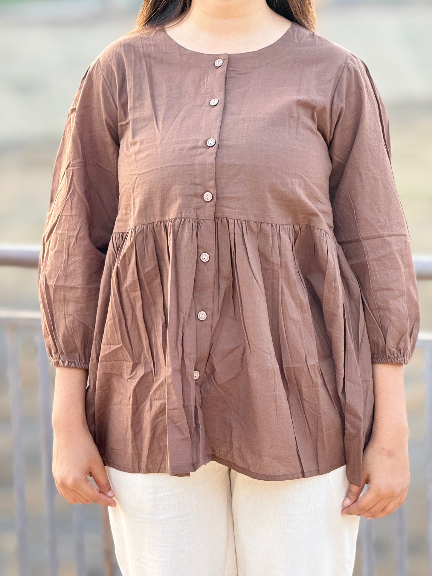 AURA Mocha Brown Solid Cotton Short Top