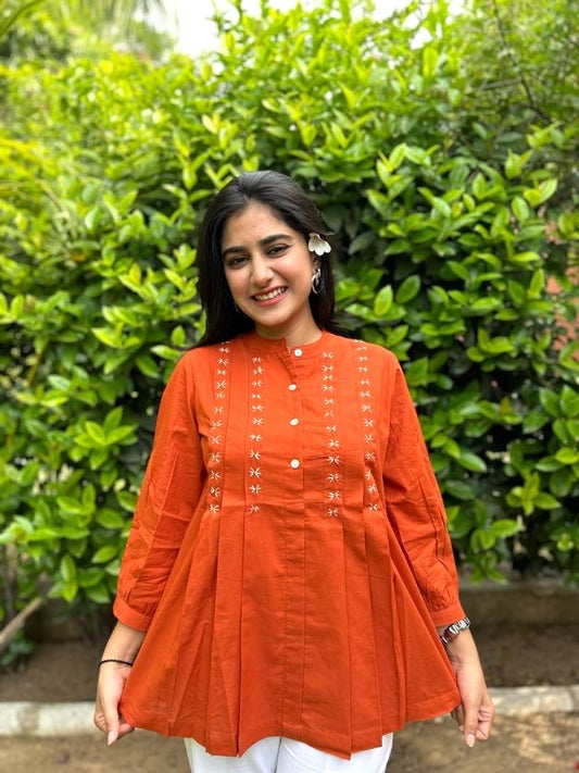LIVAE Rust Handwork Cotton Short Top