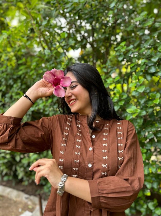 LIVAE Coffee Brown Handwork Cotton Short Top