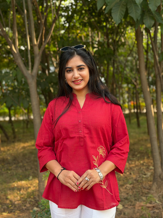 ELIO Crimson Red Embroidered Cotton Short Top