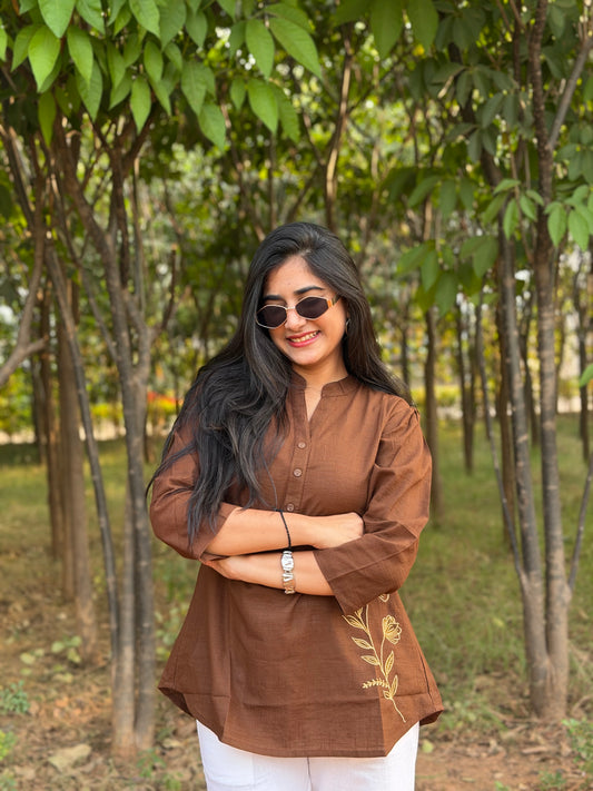 ELIO Coffee Brown Embroidered Cotton Short Top