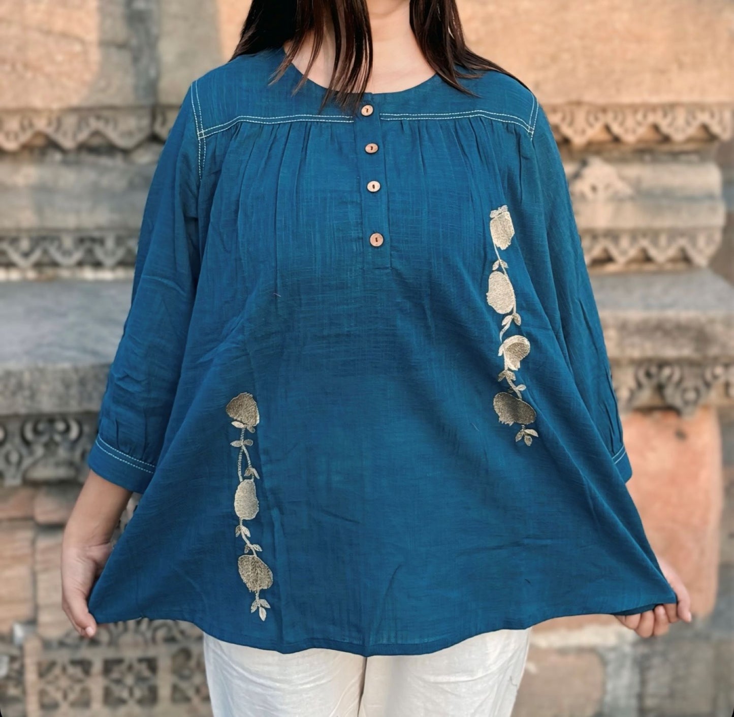 ANORA Earthy Teal Hand Detail Cotton Top