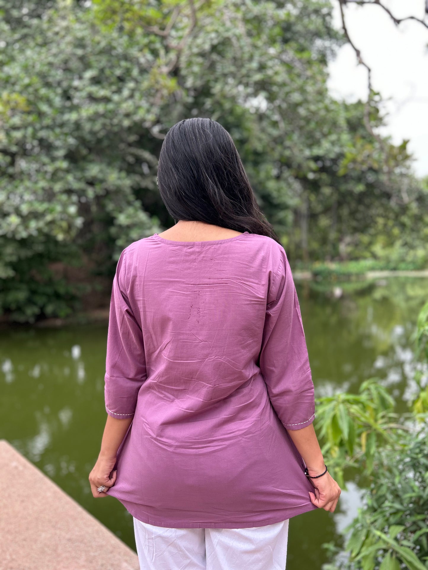 ZIVA Pink V-neck Hand work Cotton Short Top