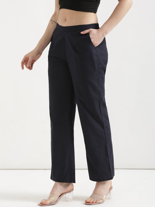 Women Navy Blue Wide Leg Cotton Pant