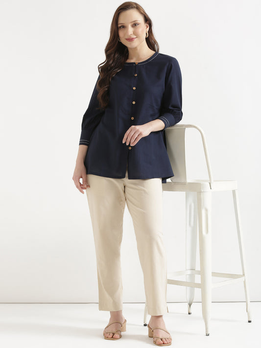 OLIVIA Navy Blue Cotton Short Top