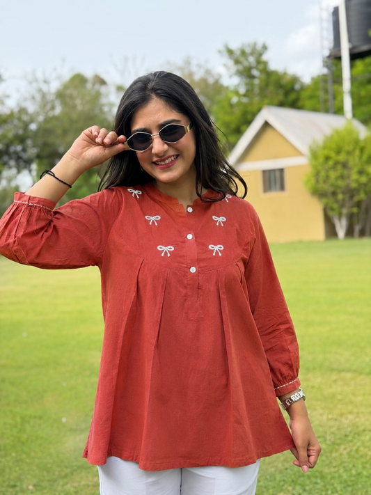 AVIRA Rust Brown Dori Work Cotton Short Top