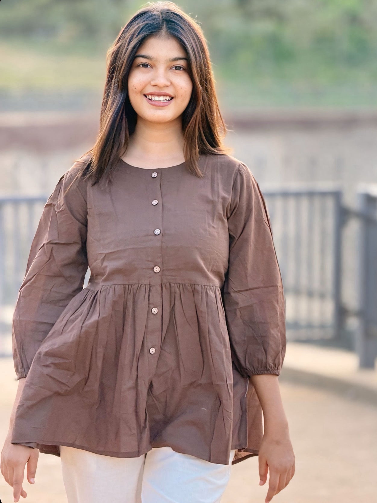 AURA Mocha Brown Solid Cotton Short Top