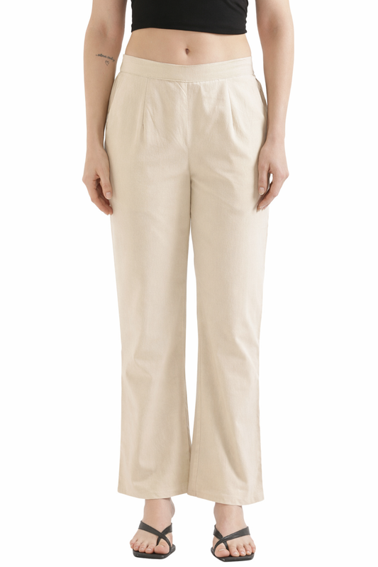 Women Beige Wide Leg Cotton Pant