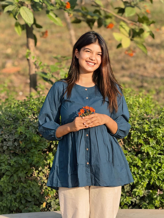 AURA Midnight Teal Solid Cotton Short Top