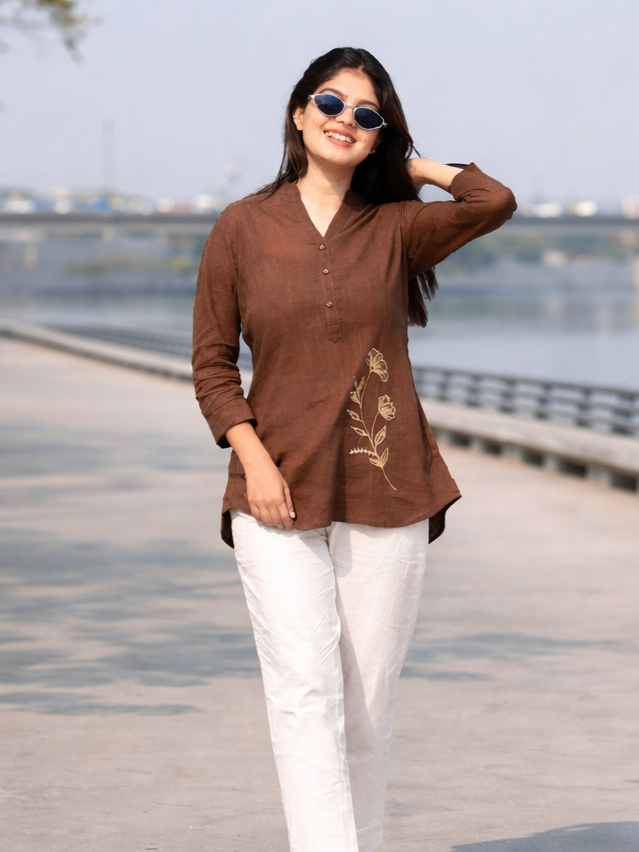 ELIO Coffee Brown Embroidered Cotton Short Top