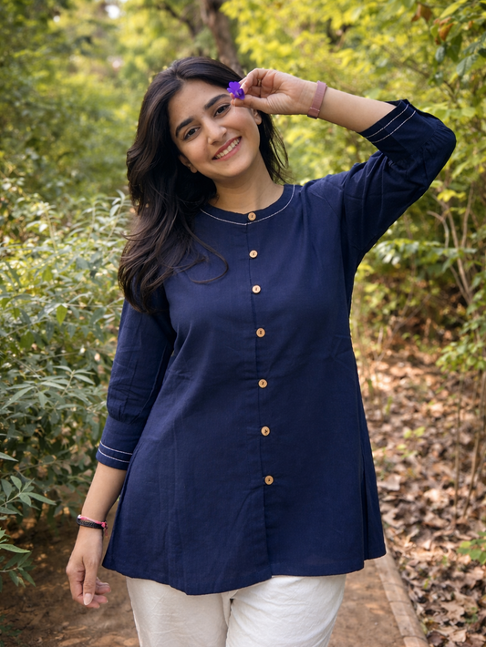 OLIVIA Navy Blue Cotton Short Top