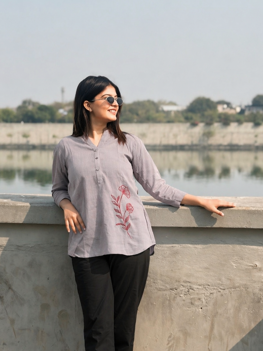 ELIO Cement Grey Embroidered Cotton Short Top