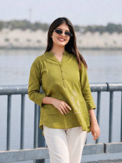 ELIO Light Olive Green Embroidered Cotton Short Top
