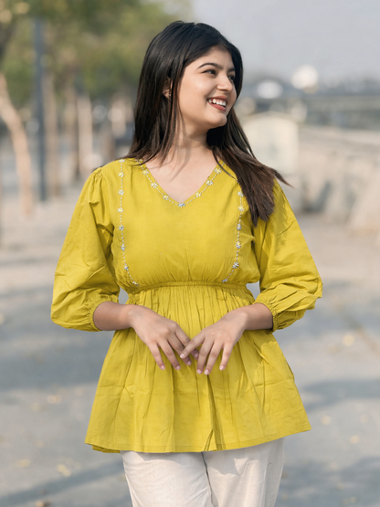 SUTRA Lemon Yellow Handwork Cotton Short Top