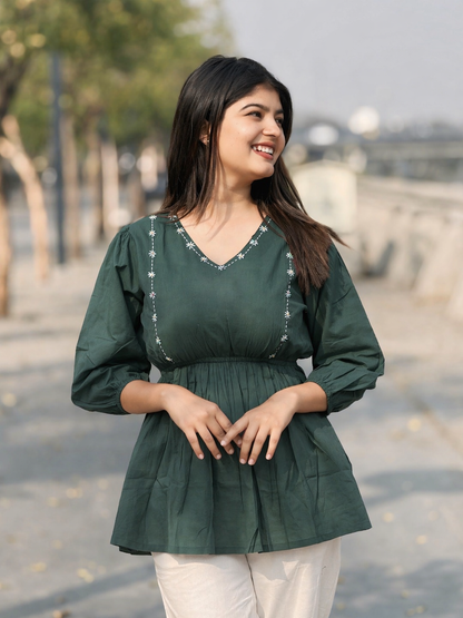 SUTRA Dark Green Handwork Cotton Short Top