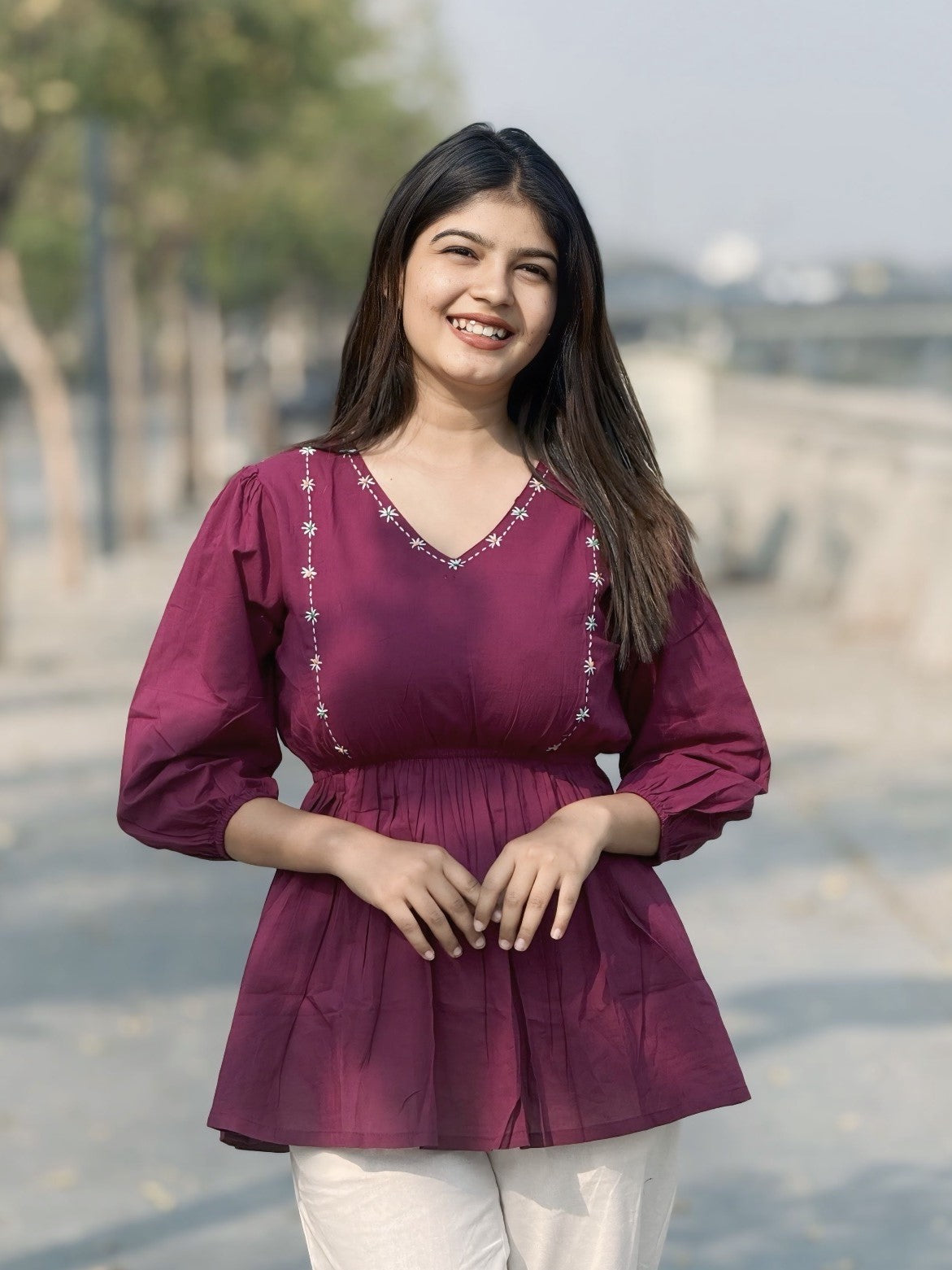 SUTRA Wine Handwork Cotton Short Top
