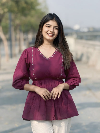 SUTRA Wine Handwork Cotton Short Top