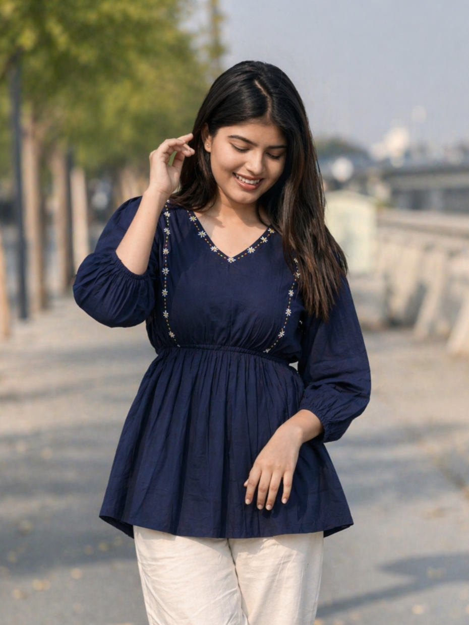 SUTRA Navy Blue Handwork Cotton Short Top