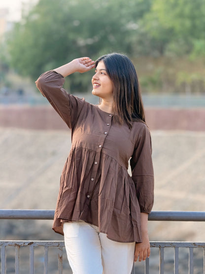 AURA Mocha Brown Solid Cotton Short Top